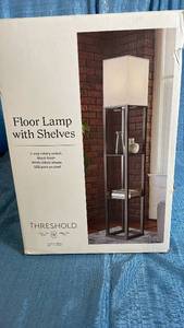 lot 3077 image: Threshold Floor Lamp with Shelves Black Finish White Shade USB Port