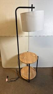 lot 8003 image: Modern Black Metal Floor Lamp with Wood Side Tables