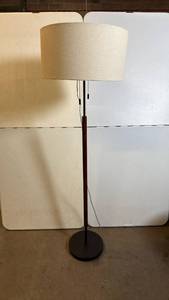 lot 8007 image: Mid-Century Modern Floor Lamp with Wood Pole and Fabric Shade