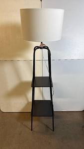 lot 8008 image: Modern Black Metal Floor Lamp with Shelves and White Shade