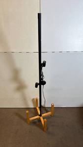 lot 8020 image: Double Socket Metal Lamp Stand with Wood Base and Foot Pedal OnOff Switch