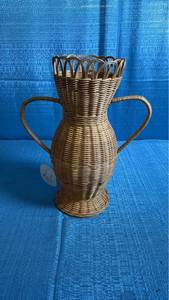 lot 8044 image: Handwoven Wicker Vase with Handles and Decorative Rim