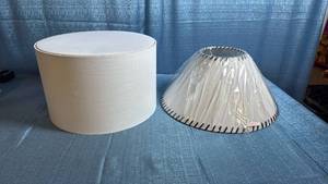 lot 8053 image: Large Drum Style Fabric Lamp Shade with Top Cover and Large Cone Shaped Fabric Lamp Shade with Leather Stitch Edging