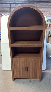 lot 8065 image: Faux Walnut Wood Arched Top Bookcase Cabinet