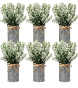 lot 8082 image: 6 Set Christmas Table Centerpieces Floral Arrangement Artificial Plants with Pots Christmas Farmhouse Decorations Faux Rustic Snow Pine Galvanized Decor for Home Room (Vintage)