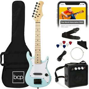 lot 8086 image: Best Choice Products 30in Kids Electric Guitar Beginner Starter Kit w 5W Amplifier  Strap  Case - Powder Blue