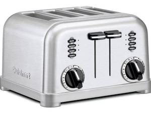 lot 8126 image: Cuisinart 4 Slice Compact Stainless Steel Toaster with Extra-Wide Slots for Bread, French Toast, Bagels & Pastries, Defrost & Reheat Functions, CPT-180P1, Brushed Stainless, Removable Crumb Tray
