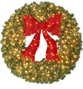 lot 8134 image: Best Choice Products 24in Large Artificial Pre-Lit Fir Christmas Wreath Holiday Accent Decoration for Door, Mantel wRed Lighted Bow, 70 LED Lights, 100 PVC Tips, Battery Operated