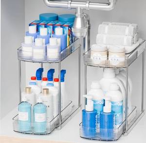 lot 8168 image: 2 Pack Large Pull Out Bathroom Organizers and Storage,2 Tier 12.8 Tall Sliding Kitchen Under Sink Organizer for Cleaning Products Storage,Acrylic Clear Bathroom inder Sink Organizer