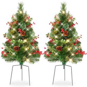 lot 8172 image: Best Choice Products Set of 2 24.5in Outdoor Pathway Christmas Trees Decor w LED Lights  Berries  Pine Cones  Ornaments