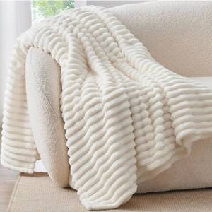 lot 8174 image: Fleece Throw Blanket for Couch - 300GSM Soft & Warm Fluffy Cream White Blanket, Decorative and Giftable Striped Blankets for Women, Men, 50x60