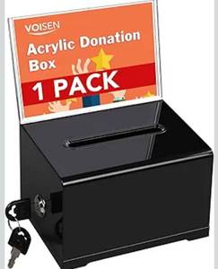 lot 8178 image: Acrylic Donation Box with Lock, Black Tip Jar with Sign Holder, Suggestion Box for Fundraising, Donation, Bar, School Voting, 6.2x4.6x3.9 Inch