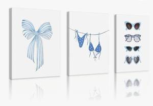 lot 8186 image: Beach Room Decor for Teen Girls Wall Art Blue Bow Sunglasses Bikini College Style Canvas Wall Decor, for Room Teen Girl Dorm Apartment Home Decoration 16x24In Framed