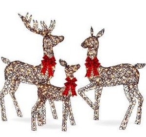 lot 8191 image: 3-Piece Large Lighted Christmas Deer Family Set 5Ft Outdoor Yard Decoration with 360 LED Lights, Stakes, Zip Ties - Rattan