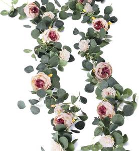lot 8207 image: 2pcs Artificial Flowers Garland Spring Eucalyptus Garland Vintage Fake Flower Peony Rose Vine Greenery Decorative Wall Hanging Plant for Wedding Arch Door Arrangement Party Decor