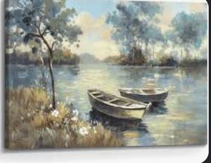 lot 8210 image: the stream design Lake Boat Canvas Wall Art Nature Landscape Painting Picture Hand Painted Abstract Sunset Forest Scenery Print Decor Artwork for Living Room Bedroom Office