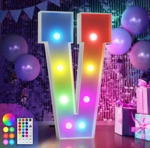 lot 8212 image: 3FT Colorful Marquee Letters V, 18 Colors Large Light up Letters Alphabet Sign with Remote, Big Marry Me Sign, Birthday Party Decorations Anniversary Wedding Decoration