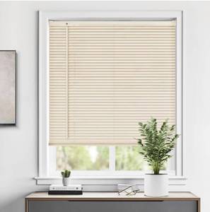 lot 8218 image: Cordless 1 Vinyl Mini Blinds for Indoor Windows - Light Filtering Horizontal Window Blinds & Shades, 35 W x 48 H, Beige