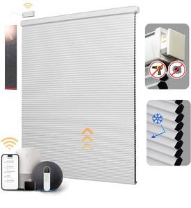 lot 8225 image: Motorized Cellular Shades, Smart Blackout Honeycomb Blinds with Remote, No Drill Electric Blind with Solar Panel, Alexa & Google, Cordless Automatic Shade for Indoor Windows, White 34x64