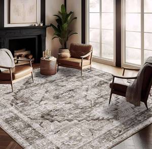 lot 8231 image: Washable Area Rug 9x12 Deep Khaki Retro Flowers Boho Design Non-Shedding Easy Care Ideal for High Traffic Areas in Living Room Bedroom Office Coffee Table Kitchen Large Carpet