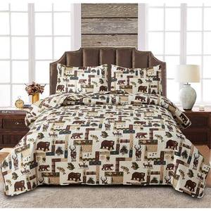 lot 8284 image: Oliven Rustic Moose Quilt Set Twin Size Lodge Quilt Lightweight Summer Cabin Bedspread Country Bedding Forest Bear Fish Pine Coverlet Daybed Cover Blanket Woodland Home Decor-Brown White