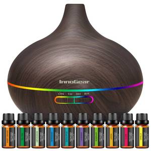 lot 8312 image: InnoGear Aromatherapy Diffuser & 10 Essential Oils Set, 400ml Diffuser Ultrasonic Diffuser Cool Mist Humidifier with 4 Timers 7 Colors Light Waterless Auto Off for Mothers Gift, Dark Wood Grain