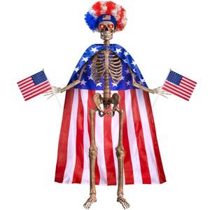 lot 8331 image: LFUTARI 4th of July 6ft Skeleton Clothing Accessories, USA Flag Skeleton Costume with Fuzzy Wig, Patriotic Costume Cape String Flag for Outdoor Garden Lawn Decor Independence Day Party Celebration