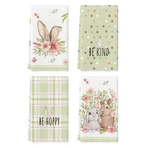 lot 8337 image: Artoid Mode Green Bunny Rabbit Ears Floral Leaves Easter Kitchen Towels Dish Towels, 18x26 Inch Be Kind Seasonal Decoration Hand Towels Set of 4