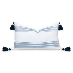 lot 8338 image: Hofdeco Premium Coastal Patio Indoor Outdoor Lumbar Pillow Cover Only, 12x20 Water Repellent for Backyard, Couch, Baby Blue Embroidered Stripes with Tassels