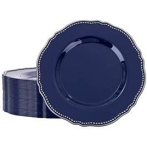 lot 8372 image: Hioasis 60pcs Blue Plastic Plates - Blue and Silver Disposable Dinnerware with Gold Rim, Heavy-duty, 10.25 inch, Dinner Plates for Party & Wedding
