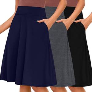lot 8382 image: Riyiper 3 Pack Womens Midi Knee Length Skirts, Casual High Waist Flowy Flared a Line Summer Basic Pull-on Skirt with Pocket(Black, Navy Blue, Dark Gray,XL)