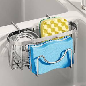 lot 8391 image: SWTYMIKI Sponge Holder for Kitchen Sink - Movable Kitchen Caddy with M Shape Hook, Stainless Steel Hanging Sponge Caddy for Sponges, Brush, Stopper Organizer in Double Bowl Sink, Silver