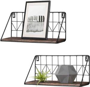 lot 8445 image: Mkono Floating Shelves Wall Mounted Set of 2 Rustic Wood Storage Display Shelf with Metal Wire Basket 11.5 Inches, Hanging Shelf for Bedroom Bathroom Living Room Kitchen Office, Brown,Small