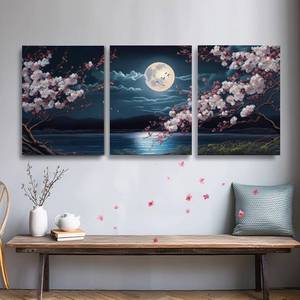 lot 8451 image: YokiMino Cherry Blossom Moon Lake Landscape Framed Canvas Wall Art Set of 3 - Japanese Aesthetics Floral Art Print for Living Room, Bedroom, Kitchen and Office Decor