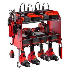 lot 8458 image: CCCEI Modular Power Tool Organizer Wall Mount with Charging Station. Garage Drill Storage Shelf with Hooks, Heavy Duty Rack, Tool Battery Holder Built in 8 Outlet. Gift for Men. Red, 1 Pack.