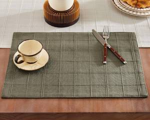 lot 8493 image: ZeeMart Linen Checked Placemats Set of 6, Plaid Embroidery Textured Table Mats, Double Layer Thick Farmhouse Rustic Place Mats for Kitchen Dining Table Home Decor, Olive 13x19 Inch