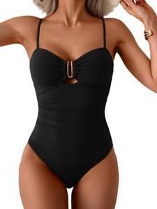 lot 8498 image: Eomenie One Piece Swimsuit for Women Tummy Control Ruched Bathing Suit Cutout U Wire Swim Suits Black S