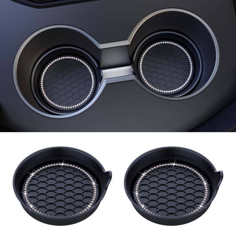 lot 8276 image: Amooca Car Cup Coaster Universal Non-Slip Cup Holders Bling Crystal Rhinestone Car Interior Accessories 2 Pack Black