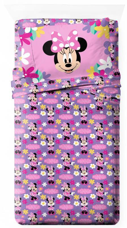 lot 8302 image: Jay Franco Kids Sheet Set with Fitted, Flat Sheets &amp Pillow Cover - Ultra-Soft Bedding with Pillowcase for Room Decor, Purple - Minnie Mouse, 3 Piece Twin