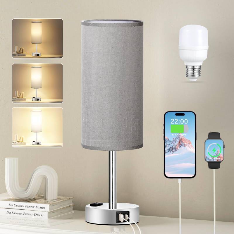 lot 5805 image: Fenmzee Grey Nightstand Table Lamp for Bedroom - 3 Way Dimmable Bedside Lamp USB C A Charging Ports and AC Outlet, Small Table Lamp Silver Base for Living Room, Office Desk
