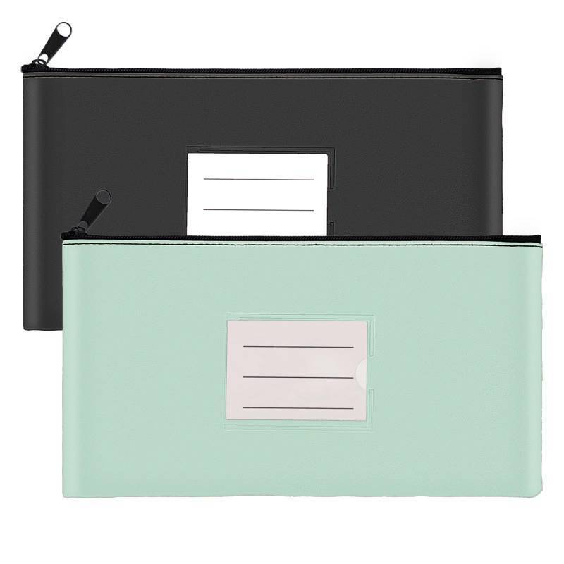 lot 5824 image: 2-Pack Bank Deposit Money Bags with Zipper, PU Leather Cash Pouches with Label, 11.2 x 6.1 Inches, for Coins, Cosmetics, Bills, Tools, Black &amp Aqua Green