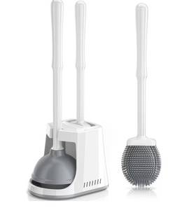 lot 5172 image: Unique Toilet Plunger and Brush, Silicone Brush and Heavy Duty Toilet Plunger Set with Ventilated Holder, 2-in-1 Toilet Brush and Plunger Combo for Bathroom Cleaning-2 Pack (White)
