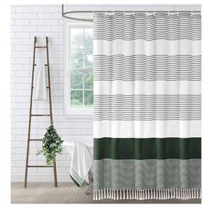 lot 5209 image: Dark Green Shower Curtain Cotton Boho Striped Shower Curtains for Bathroom with Tassel 72 X 72