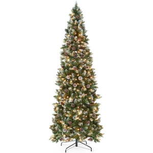 lot 5215 image: Best Choice Products 7.5ft Pre-Lit Partially Flocked Pencil Christmas Tree w 350 Lights  Pine Cones  Foldable Stand
