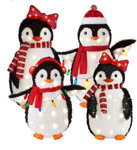 lot 5220 image: Best Choice Products 4-Piece Lighted Penguin Family, Large 3ft Pop-Up Outdoor Christmas Holiday Decoration w 300 LED Lights, Multicolored Lights - Red