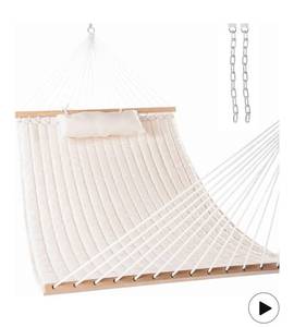 lot 5242 image: Lazy Daze Hammocks 12 FT Double Quilted Fabric Hammock with Spreader Bar and Detachable Pillow, 2 Person Hammock for Outdoor Patio Backyard Poolside, 450lbs Weight Capacity, Natural