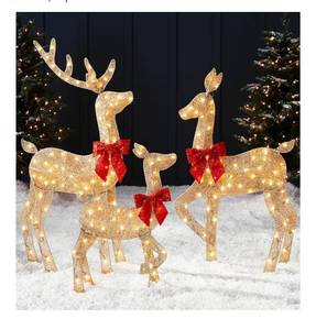 lot 5255 image: Best Choice Products 4ft 3-Piece 2D Lighted Christmas Deer Family Set, Large Outdoor Yard Reindeer Holiday Decoration with 175 LED Lights, Stakes, Zip Ties - Gold