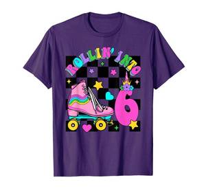 lot 5344 image: Rolling Into 6 Years Old Skater 6th Birthday Kids Girls T-Shirt small blue