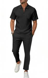 lot 5348 image: Bealin Mens Summer Beach Outfits 2 Piece Casual Quarter Zip Short Sleeve Vertical Stripe Shirt and Loose Pants Set Black L