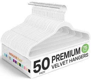 lot 5370 image: HOUSE DAY Premium Velvet Hangers 50 Pack, Non-Slip Flocked Felt Hangers, Sturdy Clothes Hangers with 360° Rotatable Hook, Heavy Duty Coat Hanger, Durable Slim White Hanger for Closet Space Saving